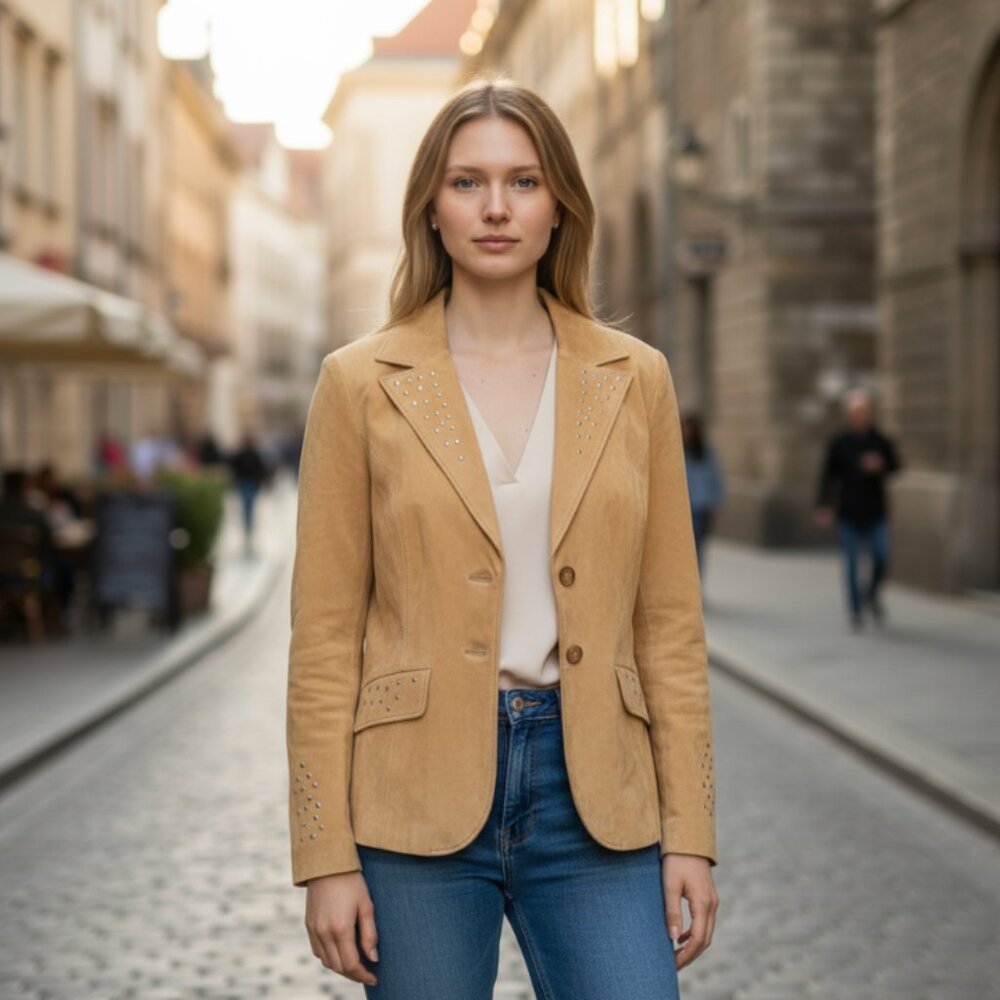 NWOT Max USA 100% genuine Leather Studded Blazer Medium Tan